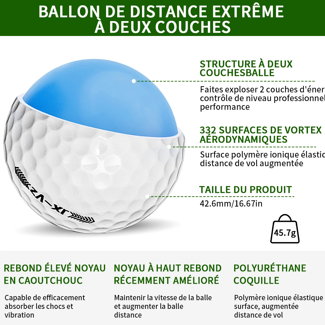 Caiton-Balle de golf ultra longue distance, double cœur, conception aérodynamique, vol augmenté de 40 verges +, 12 pièces, 6 pièces, 3 pièces, en option
