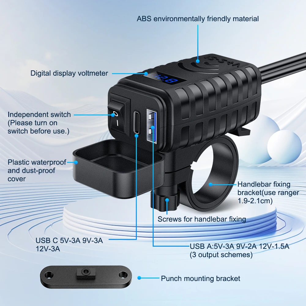 Cargador USB para motocicleta Anchtek 48W QC3.0 y PD Quick Charge 3,0 cargador de teléfono USB tipo C para motocicleta con voltímetro y interruptor de encendido/apagado