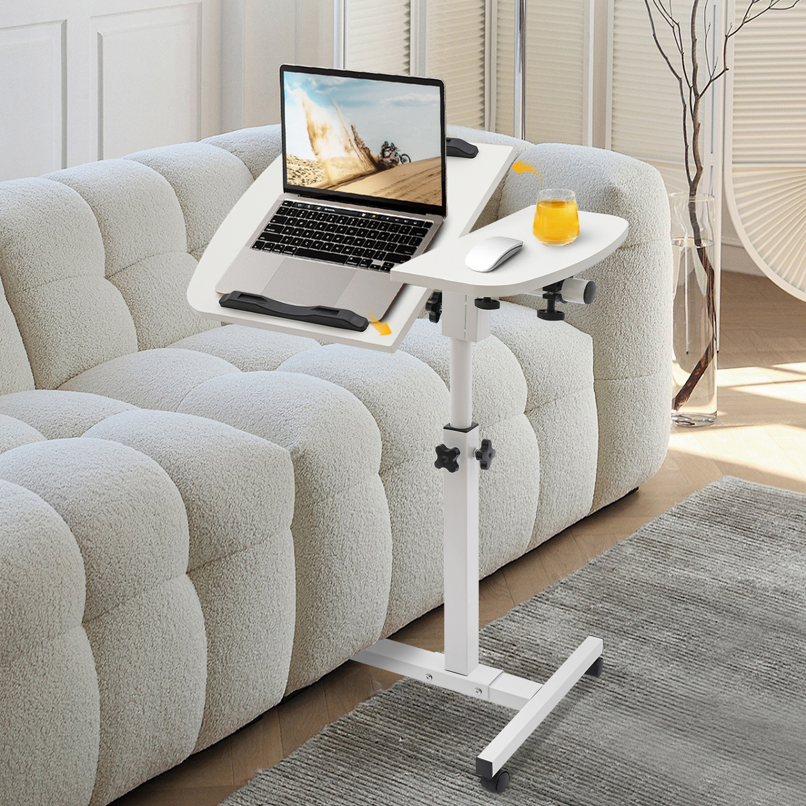 Computer Desk C-frame Design Table Stand, Adjustable Rolling Laptop Table, Adjustable Computer Desk Stand with Wheels