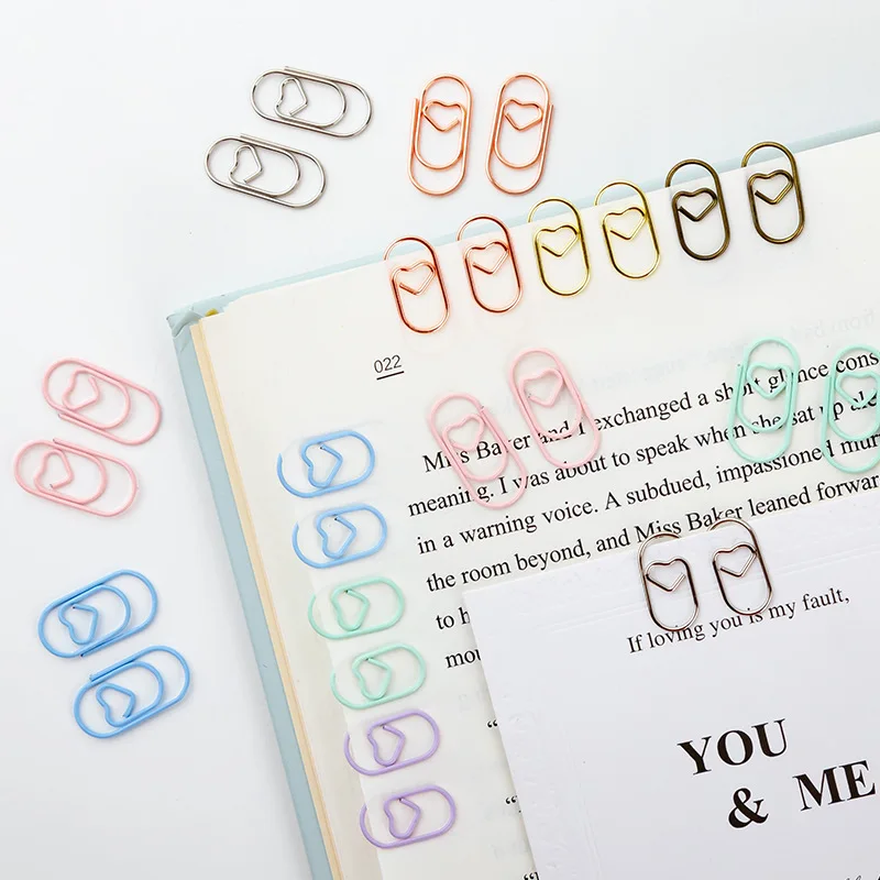 50pcs Metal Macaron Love Heart Paper Clips Gold Rose Gold Mini Bookmark Ticket Photo Binder Clips Patchwork Clip Office Supplies