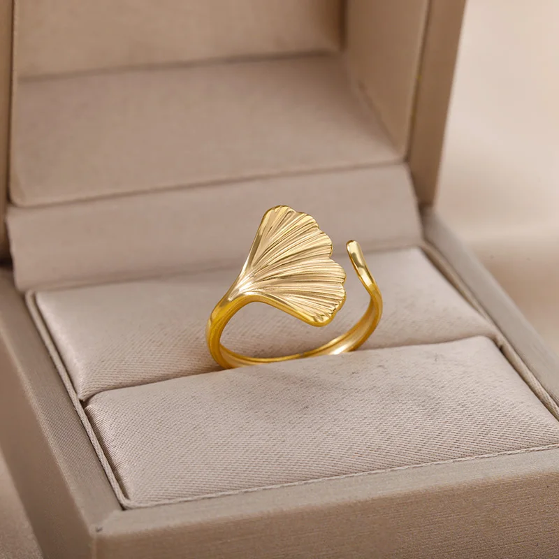 Anelli vintage foglia di ginkgo per le donne Anello aperto regolabile in acciaio inossidabile 2024 Nuovo matrimonio estetico Jewerly anelli mujer