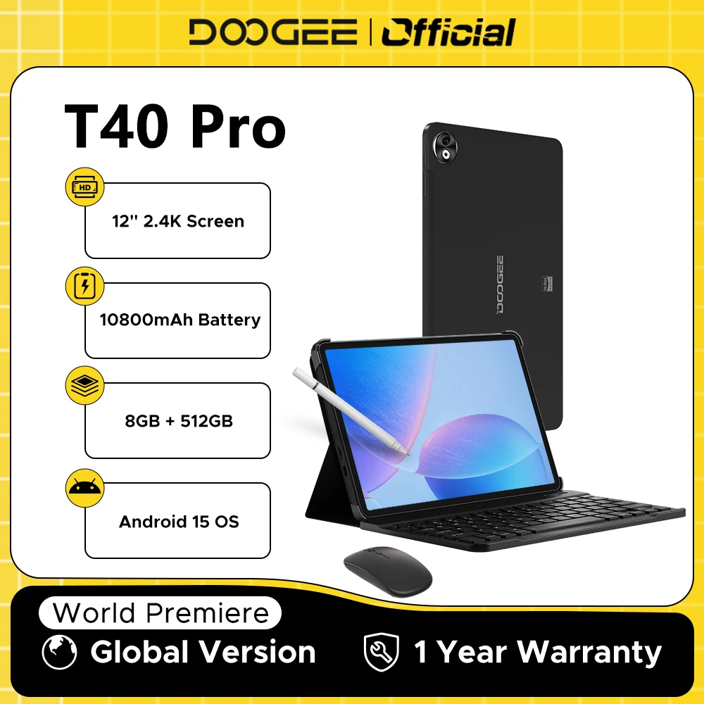 Estreia mundial DOOGEE T40 Pro Tablet 12 "IPS 2.4K 20GB(8 +12) 512GB Android 14 Helio G99 6nm 10800mAh 18W Carga 7.6mm ultrafino