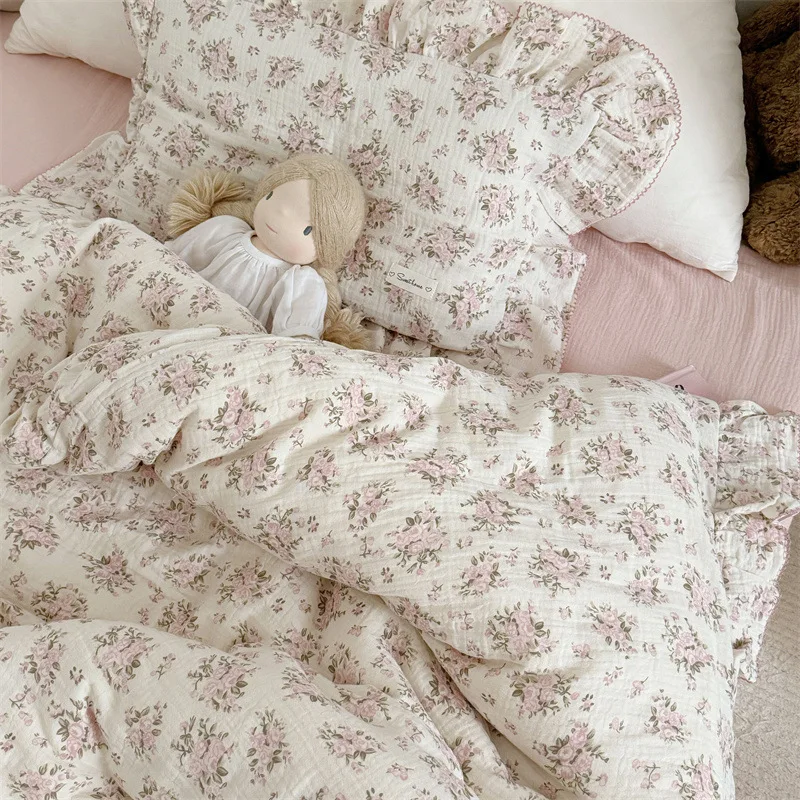 Hàn Quốc Bé Gái Cũi Bộ Chăn Ga Gối Thỏ Hoa Hồng Anh Đào In Hoa Cotton Muslin Cốt Chăn Ga Gối Bộ Túi Đựng Chăn Ga Áo Gối Chần Gòn