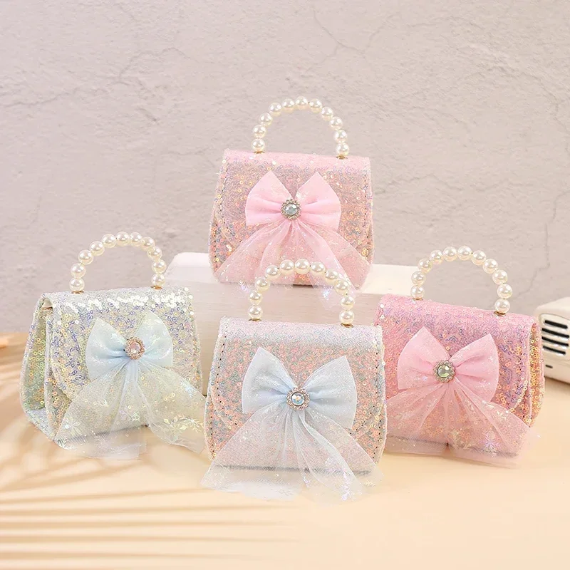 Bolsa de lantejoulas rosa para crianças, bolsa pérola, laço, bolsa de ombro, corrente princesa coreana, bolsa tiracolo infantil, moda