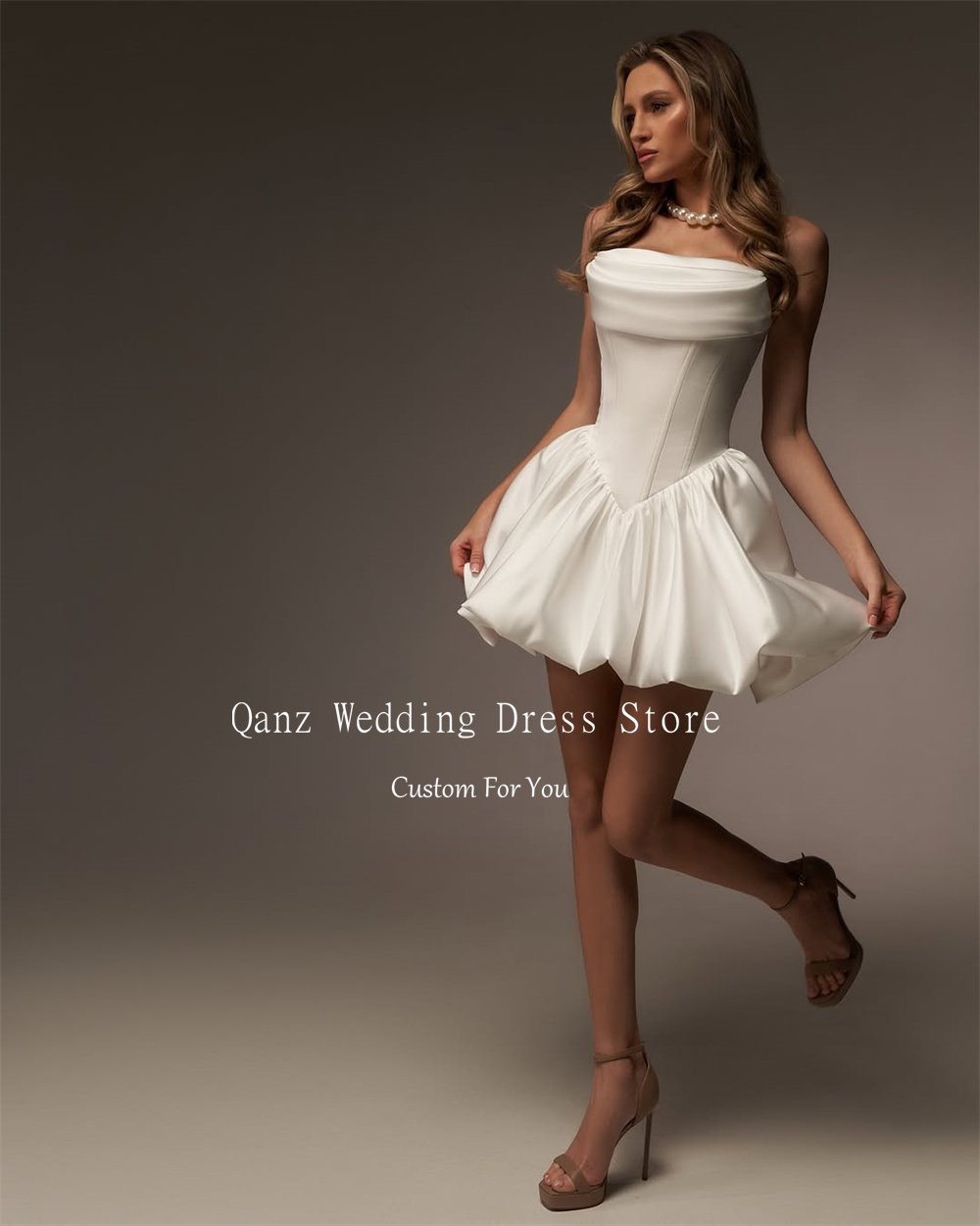Qanz Vintage Satin Wedding Party Dresses Strapless Short A Line Ivory Lace Up Back Vestidos Para Mujer Bridal Gowns Customized