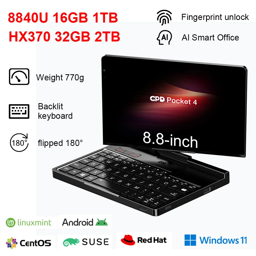 2025 Original GPD Pocket 4 8.8-inch AMD AI 9 HX 370 64GB RAM Portable Mini PC 2TB NVMe flipped 180° Laptop Computer for business