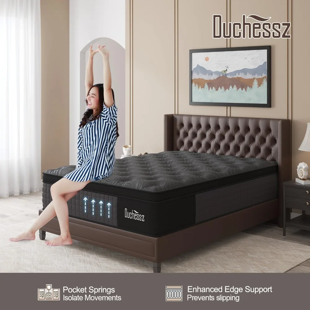 Full Mattress, 14 Inch Hybrid Mattress Black with Gel Memory Foam and Individually Pocket Innerspring Euro Top Mattresses Medium
