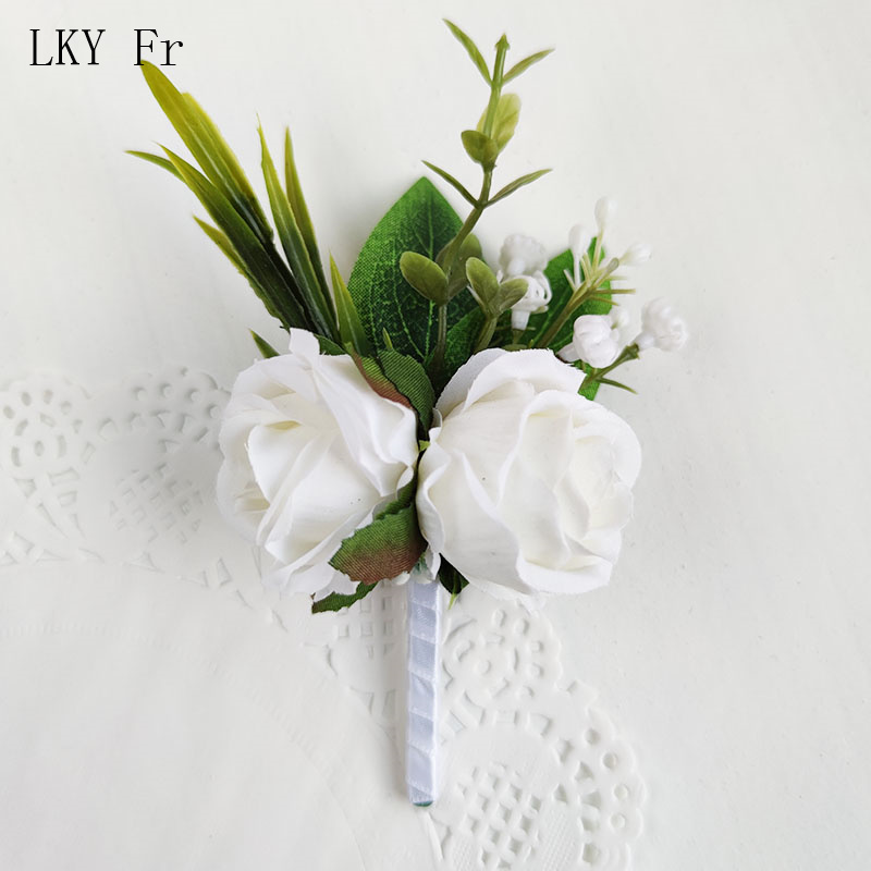 White Boutonniere Wedding Accessories Groom Buttonhole Wrist Corsage Brooch Flowers Artificial Silk Roses Bridesmaids Bracelets