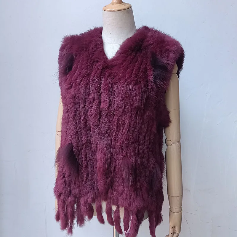 2024 neue Frauen Burgunder gestrickte Echtpelz Weste mit Quaste V-Ausschnitt flauschige Echtpelz Weste heißer Verkauf natürliche Kaninchen Weste