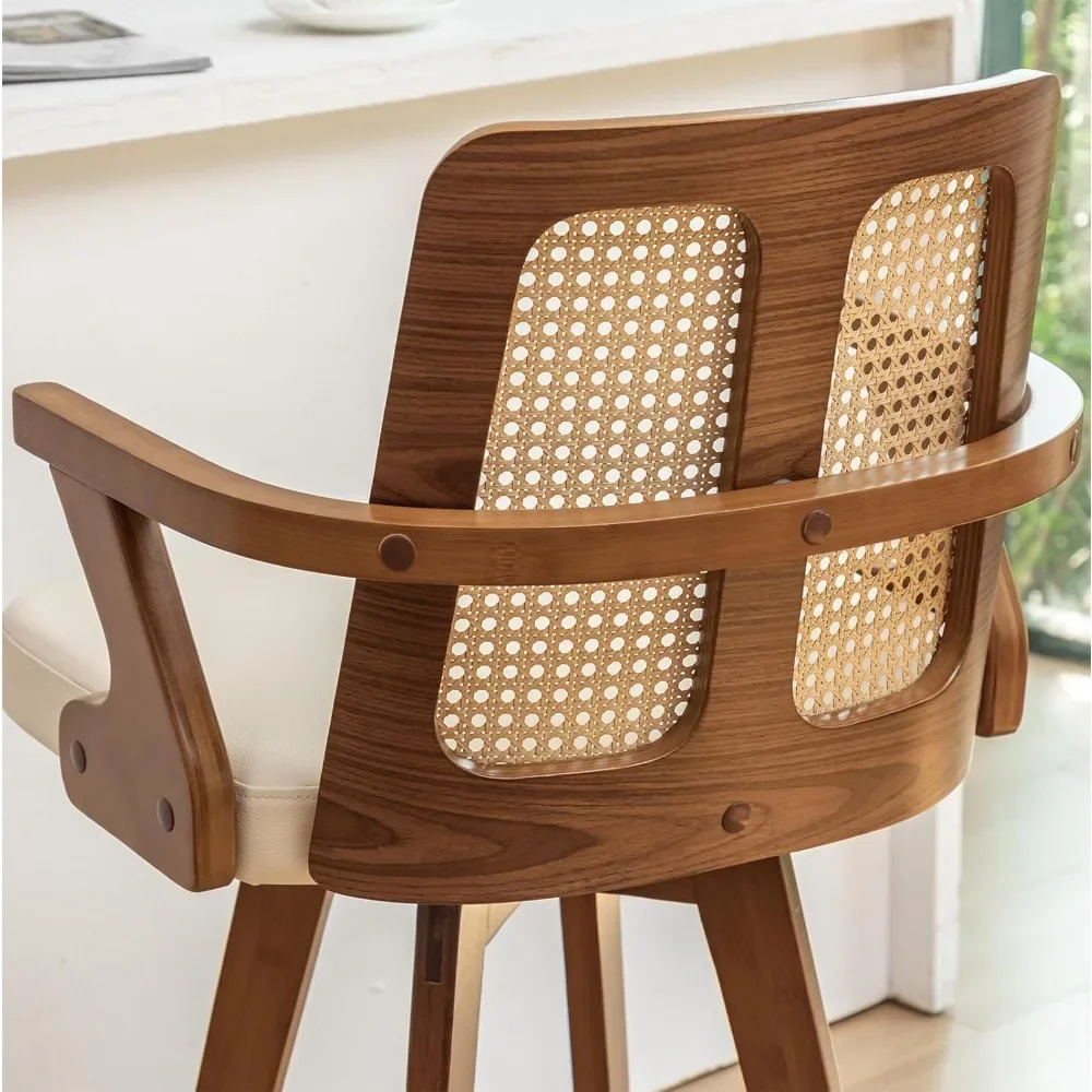 Set of 3 Mid Century Counter Stools - 27 inch Rattan Swivel Counter stools with Curved Back, Walnut Crafts, Upholstered Faux