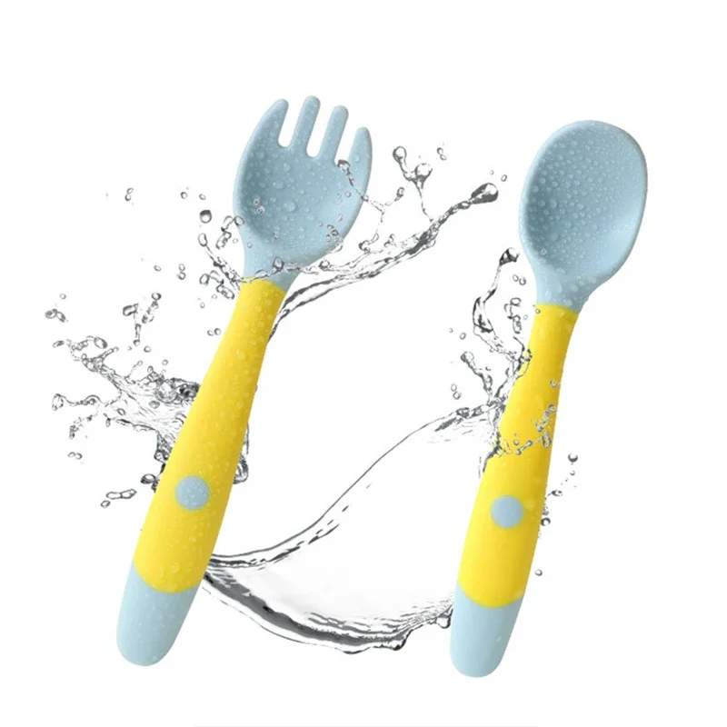 Conjunto de utensílios de colher de silicone do bebê, alimentos auxiliares, criança aprender a comer treinamento, garfo macio dobrável, crianças infantis talheres