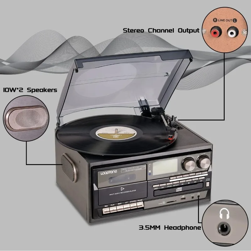 Vinyl Record Player 10 in 1 3 Speed Bluetooth Vintage Turntable CD Cassette Player AM