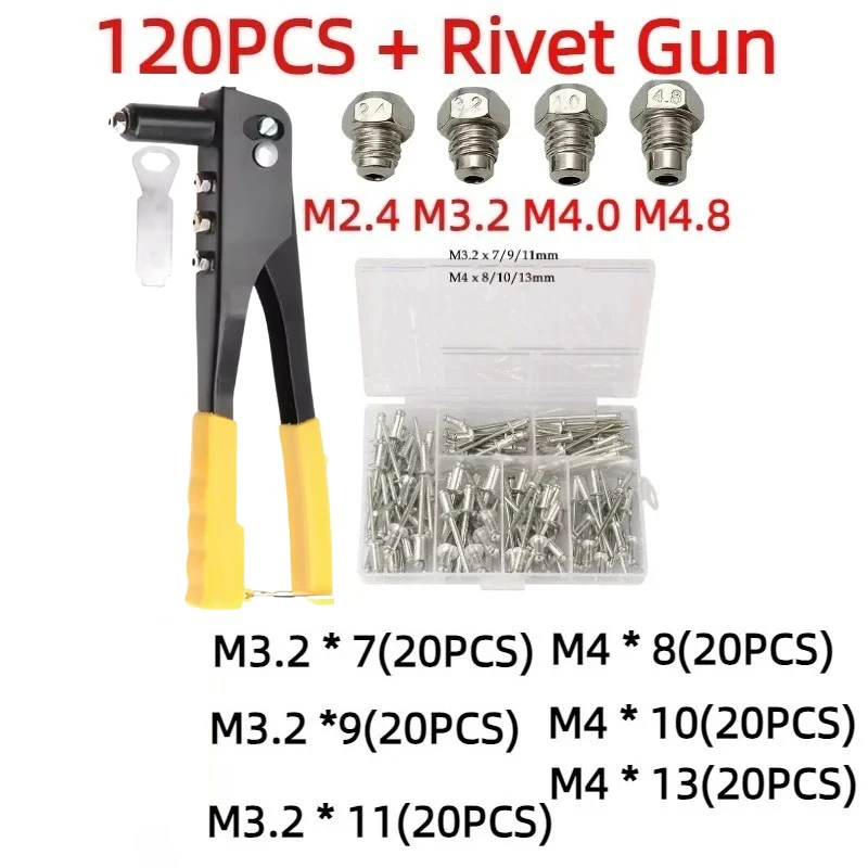 Ferramentas de arma de rebite pop rebitador resistente e 120 peças conjunto de porcas de rebites cegos manual kit de variedade de rebitador ferramenta de porca de rebite manual