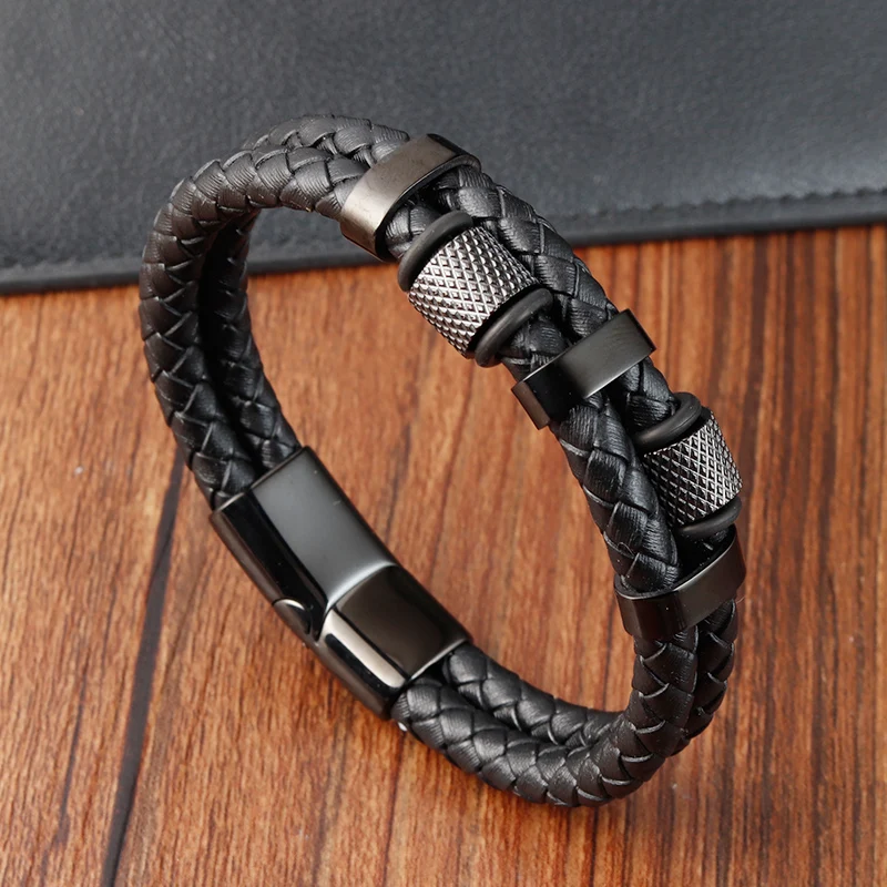 Pulsera de cuerda trenzada con dijes para hombre, hebilla magnética de acero inoxidable, pulseras y brazaletes de cuero genuino, joyería masculina y femenina