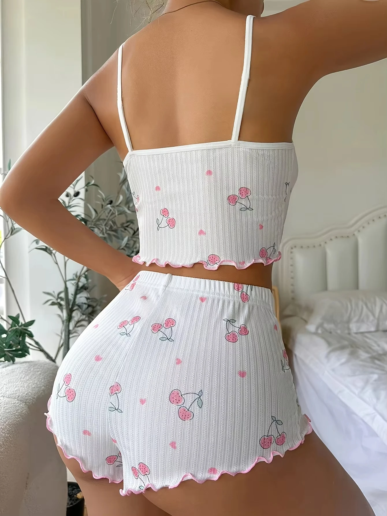 Nachtkleding Dames Zomer Pyjama Set Hartprint Sexy Geribbeld Strik Decor Ronde Hals Backless Crop Cami Top & Shorts Nachtkleding Nieuw