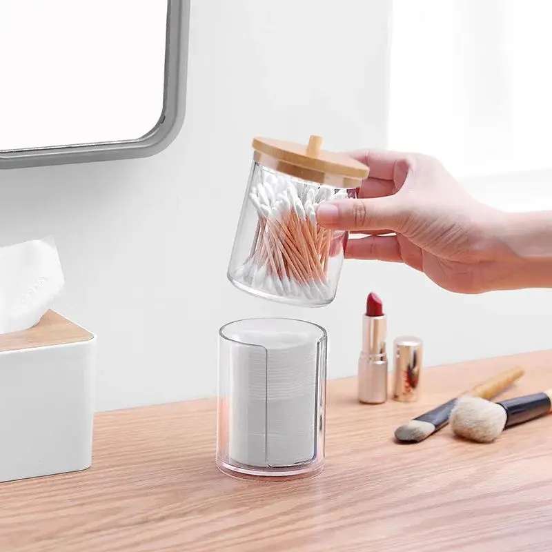 1Pcs Cotton Swab Holder, Cotton Swab Dispenser with Bamboo Lids,Bamboo Bathroom Storage Jars Storage Containers Clear Plastic