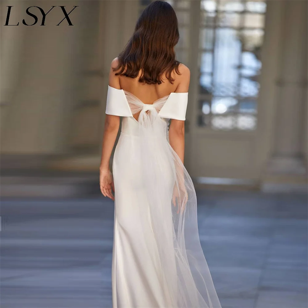 LSYX ที่กําหนดเอง Elegant Off ไหล่ Backless ชุดแต่งงานเงือกสําหรับผู้หญิง Simple Crepe Sweep Train Minimalism ชุดเจ้าสาว