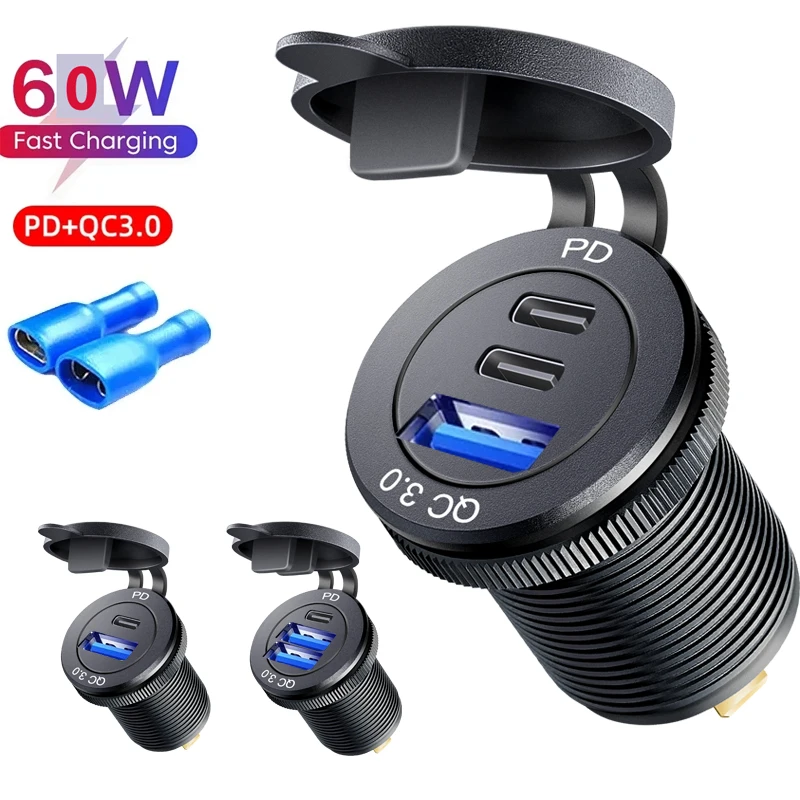 Toma de cargador usb tipo c para coche, 12/24V, tres puertos, USB-C PD y Dual QC 3,0 para coche, motocicleta, barco, RV