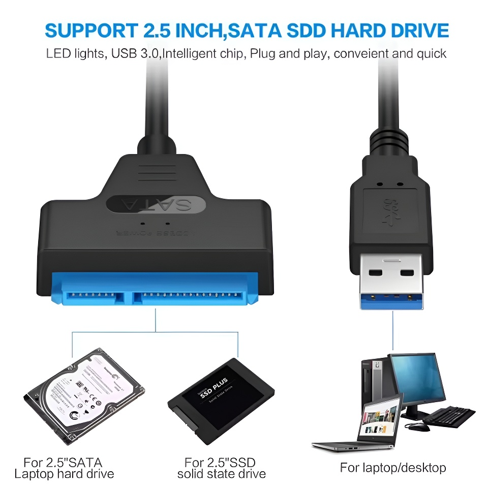 Cable adaptador Sata a USB 3,0, Cable USB a SATA 3, compatible con 22 pines, 2,5 pulgadas, disco duro externo SSD, conector de ordenador apto