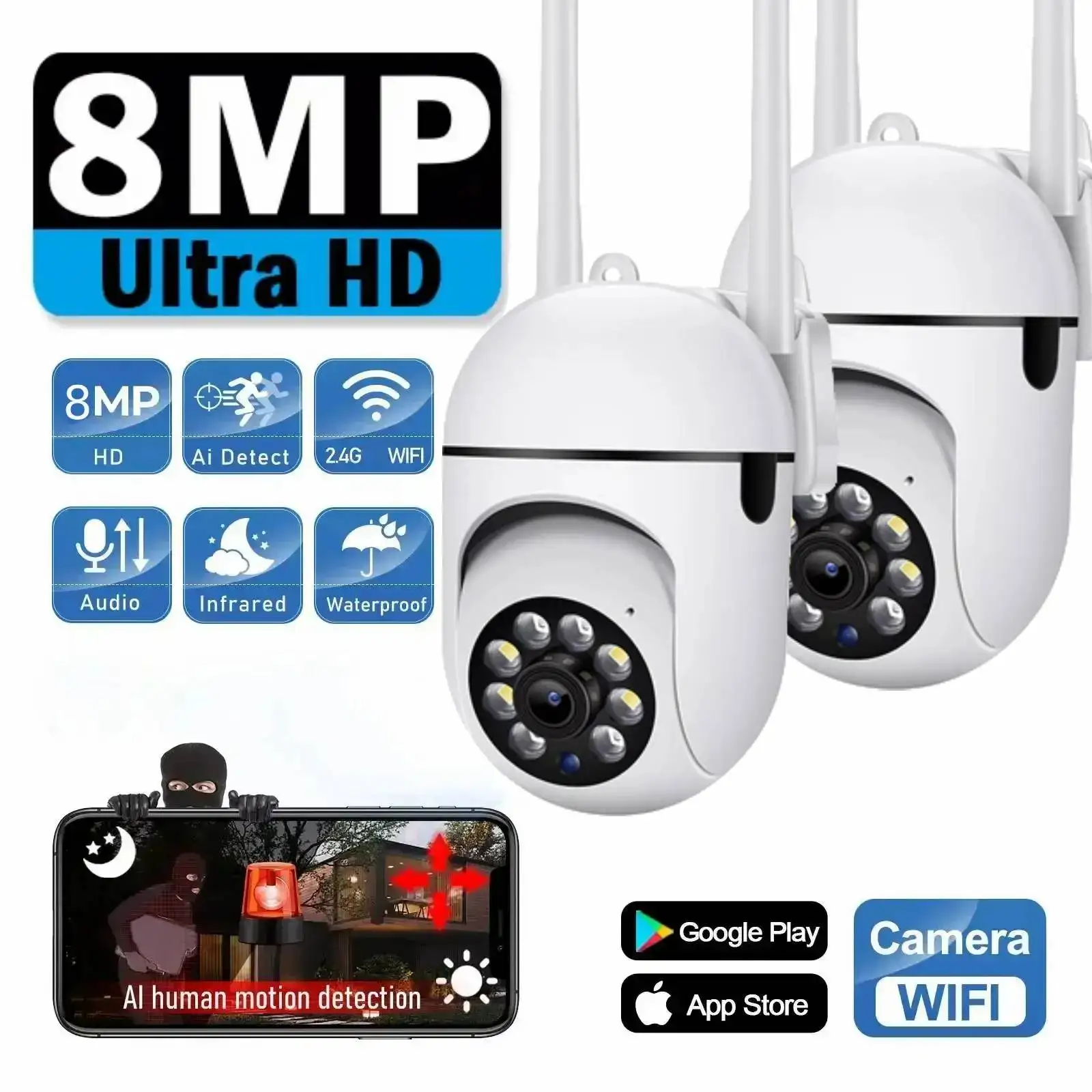 Cámaras de Monitor de seguridad inalámbrico Wifi de 8MP, cámara PTZ de visión nocturna a Color, seguimiento humano AI para hogar inteligente, cámara de vigilancia CCTV HD