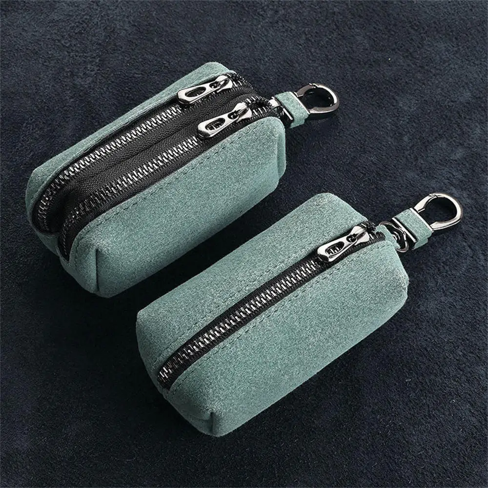Portable Keychain Wallet for Men Women Large-Capacity Double Zipper Key Pouch Bag Suede Leather Key Case Unisex Coin Purse
