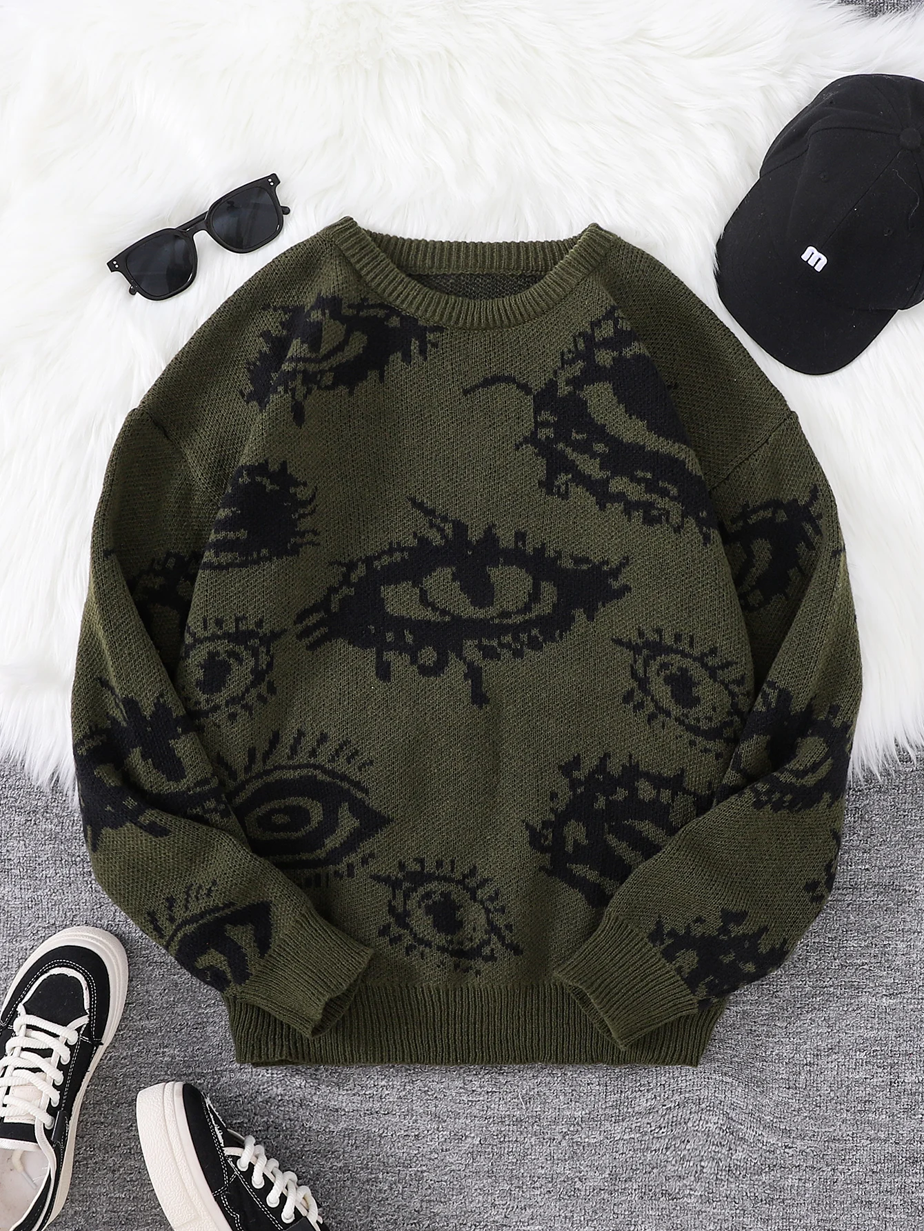 Nieuwe populaire herfst en winter abstract oog jacquard patroon trui casual ronde hals gebreide herentrui