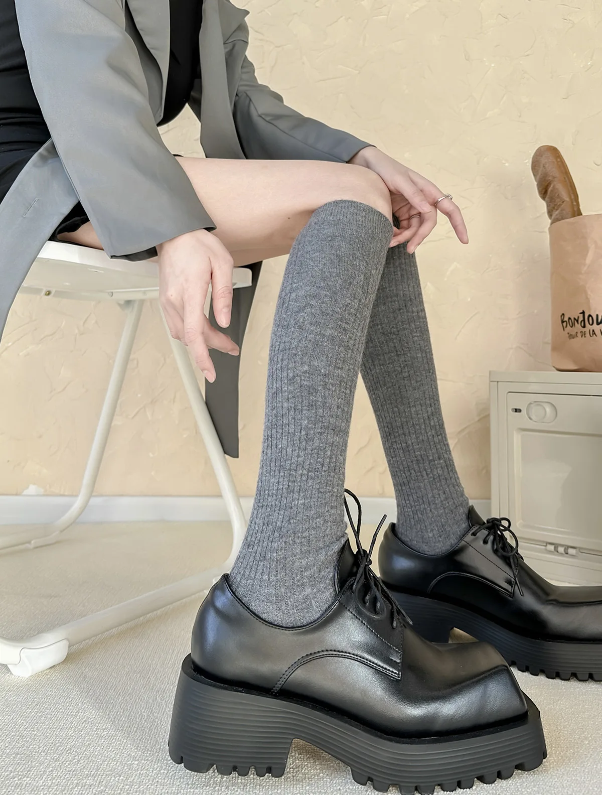 Calcetines mujer Otoño e Invierno grueso cálido Color sólido hasta la rodilla medias negro blanco rayas verticales calcetines altos hasta el muslo para mujer