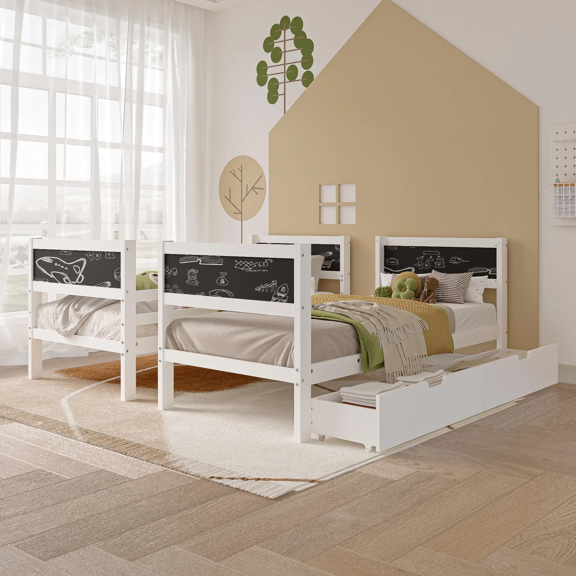 Lazy space 90*200cm Massivholz Kinder bett mit 2 Schubladen, Absturz sicherung Etagen bett, umwandelbar auf zwei 90 x Einzel bett