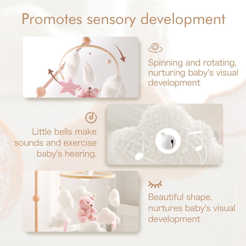 Babybedje Mobiele Rammelaar Speelgoed 0-12Months Baby Zacht Vilt Teddy Fluwelen Roze Beer Bed Bel Opknoping Speelgoed Houder Beugel wieg Meisje Speelgoed