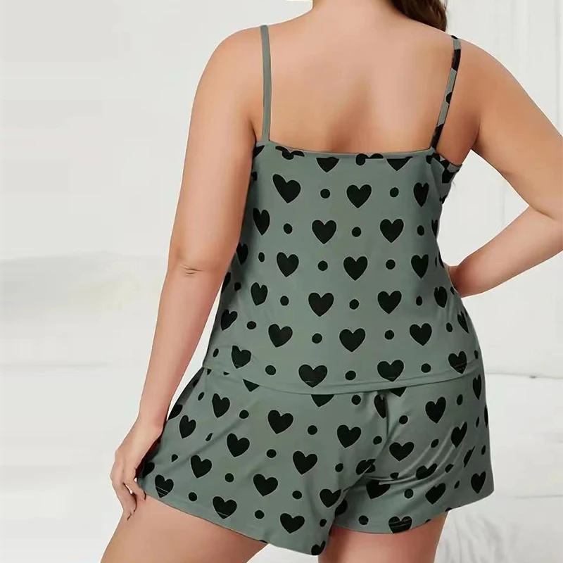 Plus-Size Pijama Mulheres Pijamas Conjunto Pijama Camisole Camisole Shorts Nightclothes Verde XL 2XL 3XL Love Print Smooth Soft