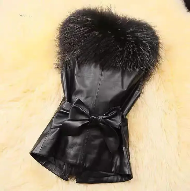 Frauen Leder Jacke Pelz Kragen Nähte Simulation Leder Übergroßen Waschbären Herbst Winter Einfarbig Ärmellose Weste Mantel