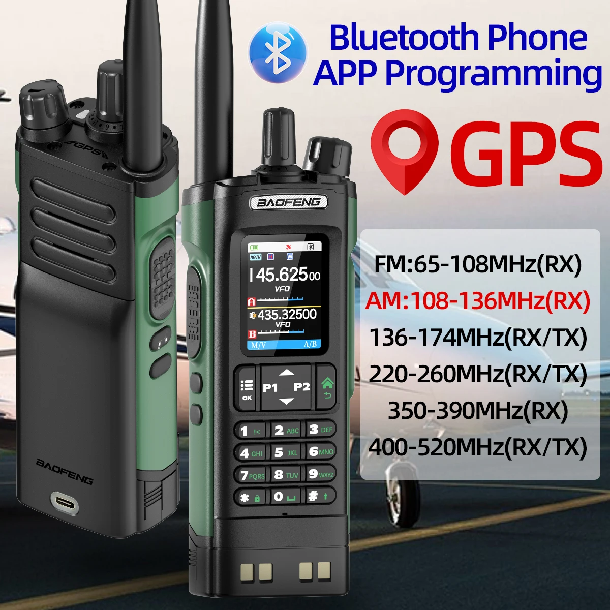BAOFENG UV-32 Walkie Talkie 10W GPS Multi Band Bluetooth Wireless Programming Copy Frequency FM Long Range Ham Two Way Radio