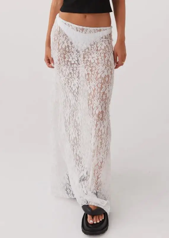 Gonna in pizzo Donna Bianca trasparente in pizzo floreale a vita bassa Gonne longuette y2k Estetica Fairycore Gonna da spiaggia Clubwear