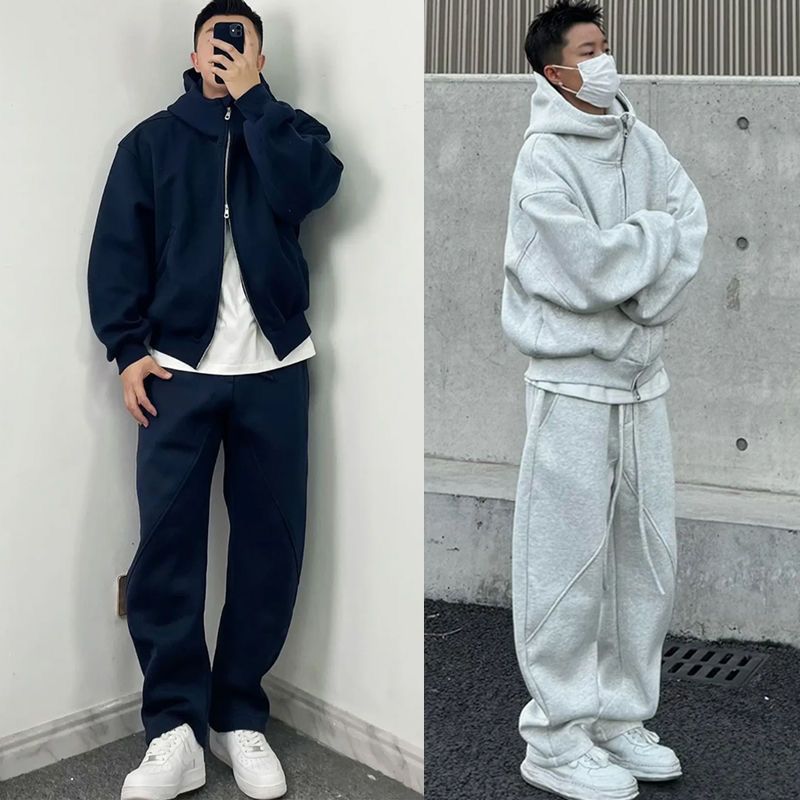 Conjunto de Mole Masculino de Inverno com Forro de Lã, Ajuste Solto, com Capuz e Calça de Perna Reta, Roupa Casual de Duas...