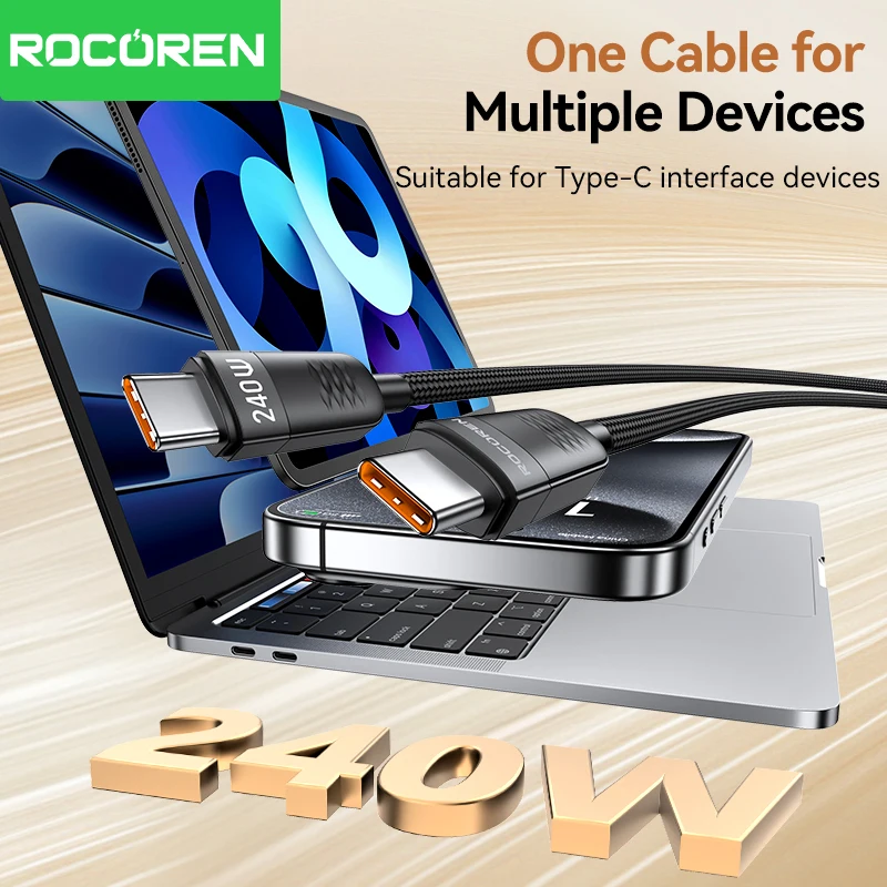 Rocoren 240W USB C 유형 C 고속 충전 데이터 케이블 PD3.1 MacBook iPhone 16 15 Samsung Galaxy S24 용 빠른 충전 유형 C 코드