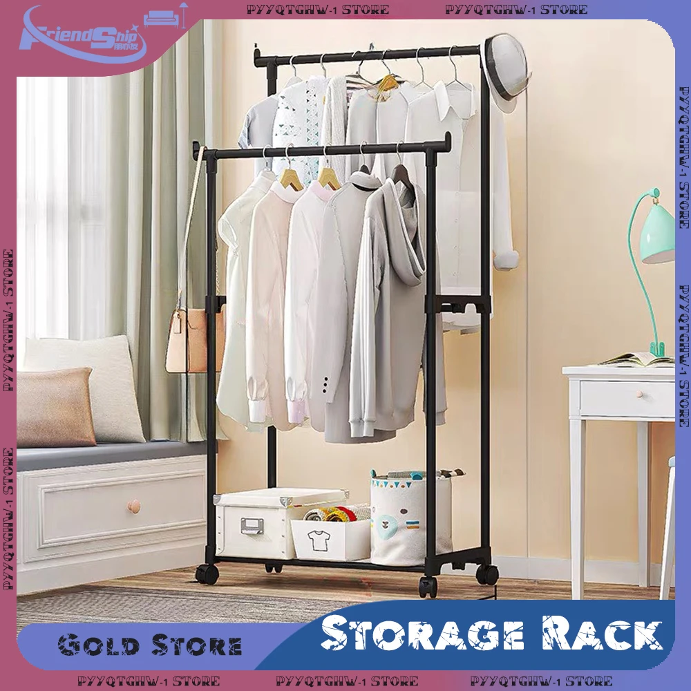 Doppel Stange Kleidung Rack Beweglichen Garderobe Schlafzimmer Wohnzimmer Teleskop Boden Kleiderbügel Mit Wheele Kleiderbügel Schuh Hut Lagerung Racks
