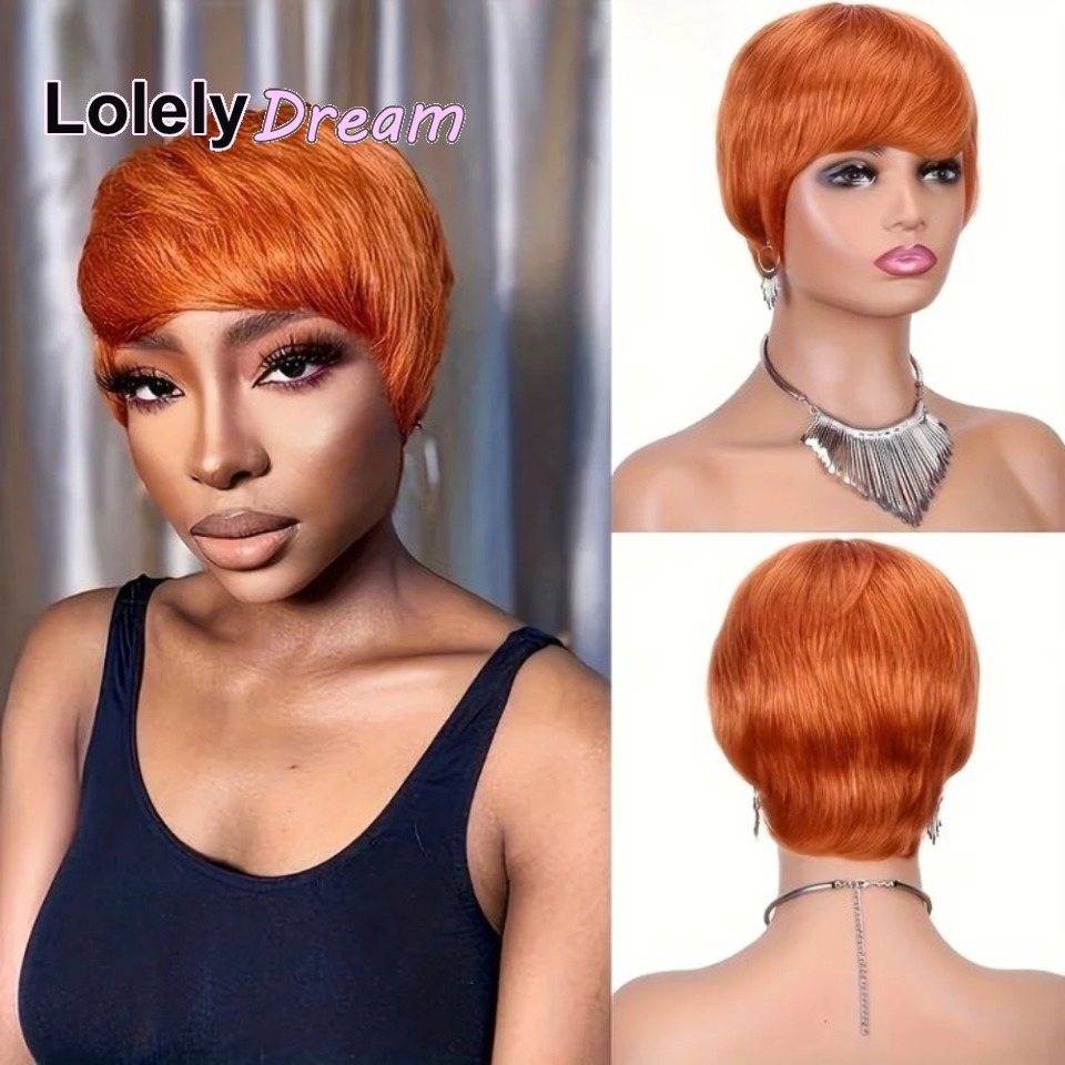 Lolely sonho máquina feita feminina curto laranja gengibre 100% peruca de cabelo humano com franja remy peruca reta em camadas pixie corte bob peruca