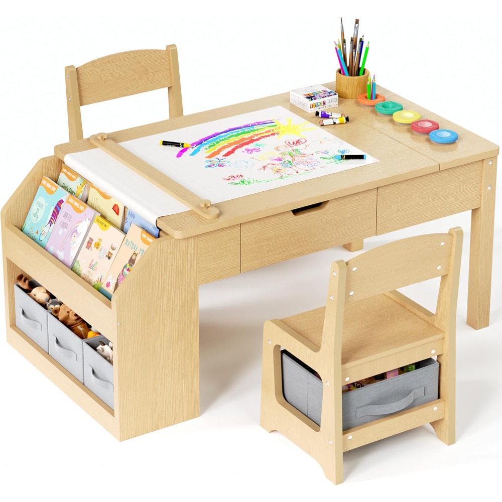 Children's 5-in-1 Art Table and Chair Set, Toddler Craft Desk, Play Table with Convertible Easel and Paper Roll Holder