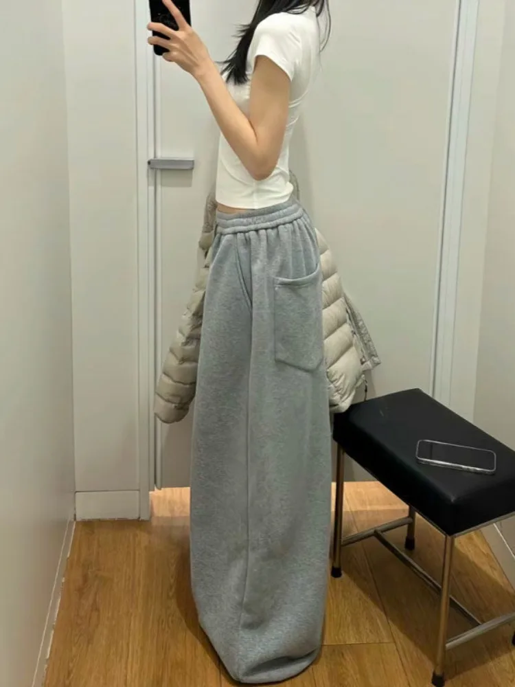 Y2K-pantalones de chándal grises para mujer, ropa de calle coreana holgada de gran tamaño, pantalones deportivos que combinan con todo, pantalones de pierna ancha informales con cordón de cintura alta