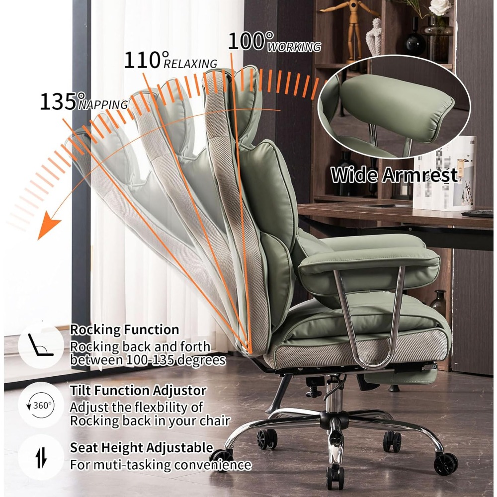 Desk Office Chair 400LBS,Big and Tall PU Leather Computer Chair, Executive Office Chair with Leg Rest and Lumbar Support