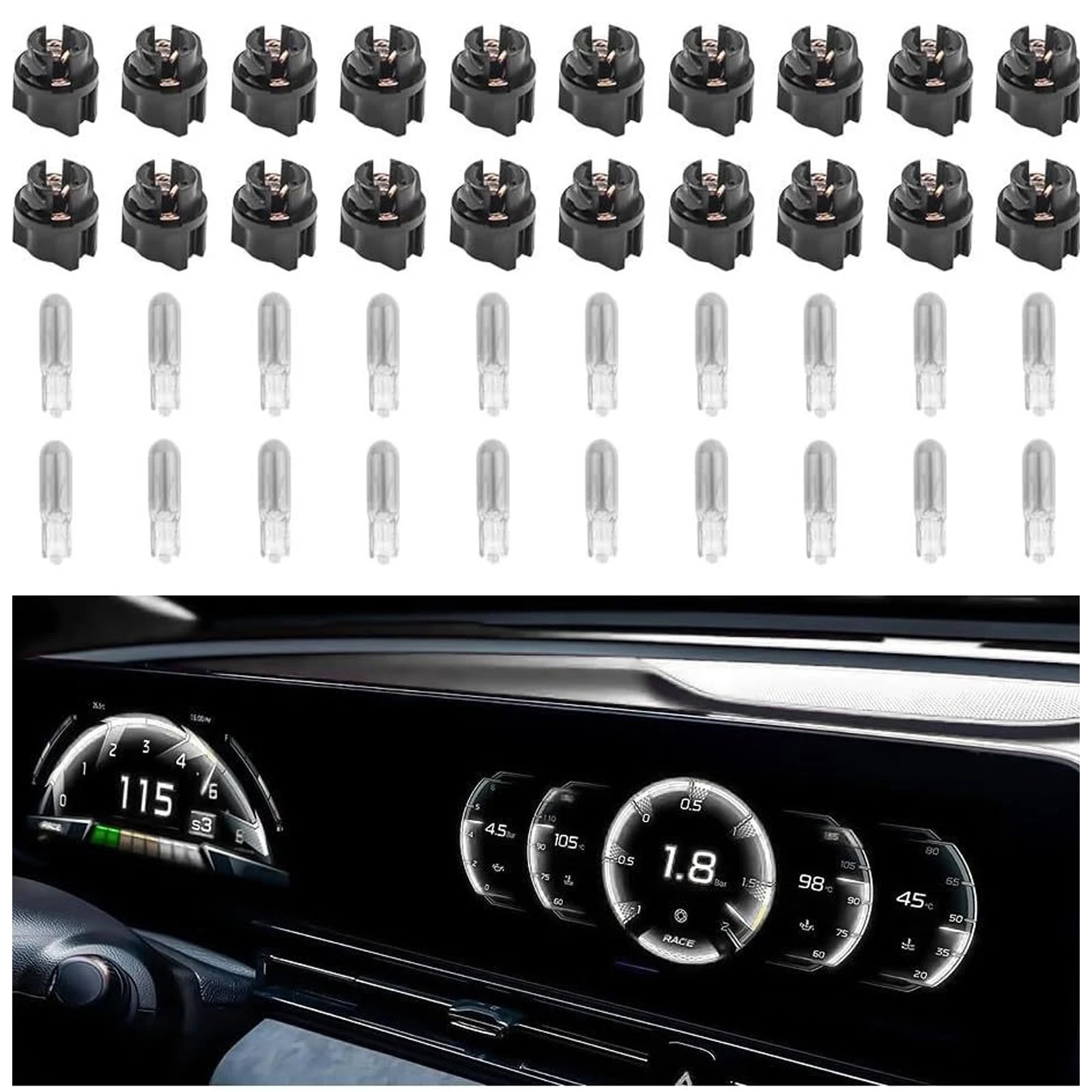 12 set di lampadine alogene per cluster di strumenti T5 con prese, luce da cruscotto 12V 1,2W per la sostituzione di interni di auto automobilistiche