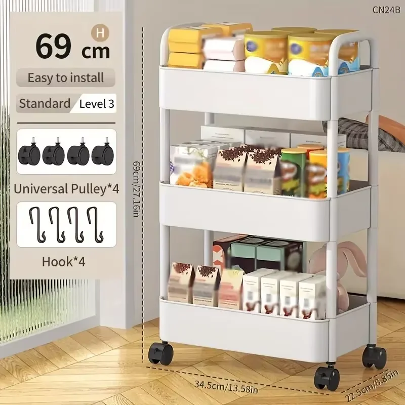1 PC 3-lagiger rollender Kunststoff-Aufbewahrungswagen mit Armlehnen – platzsparender Multi-Room-Organizer, mattes Finish