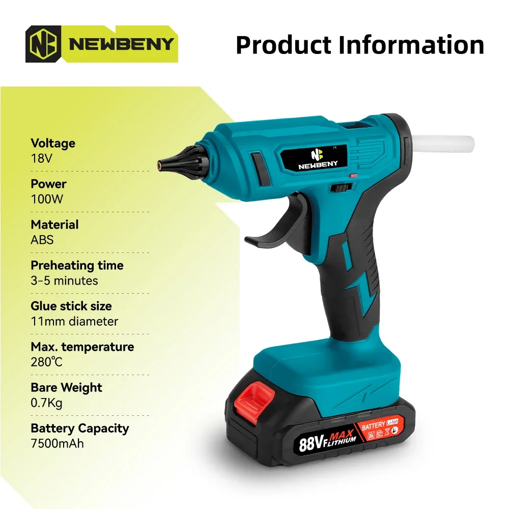 NEWBENY 280°C Cordless Hot Melt Glue Gun Portable Rechargeable with 10pcs 11mm Glue Sticks DIY Repair Tool For  18VBattery