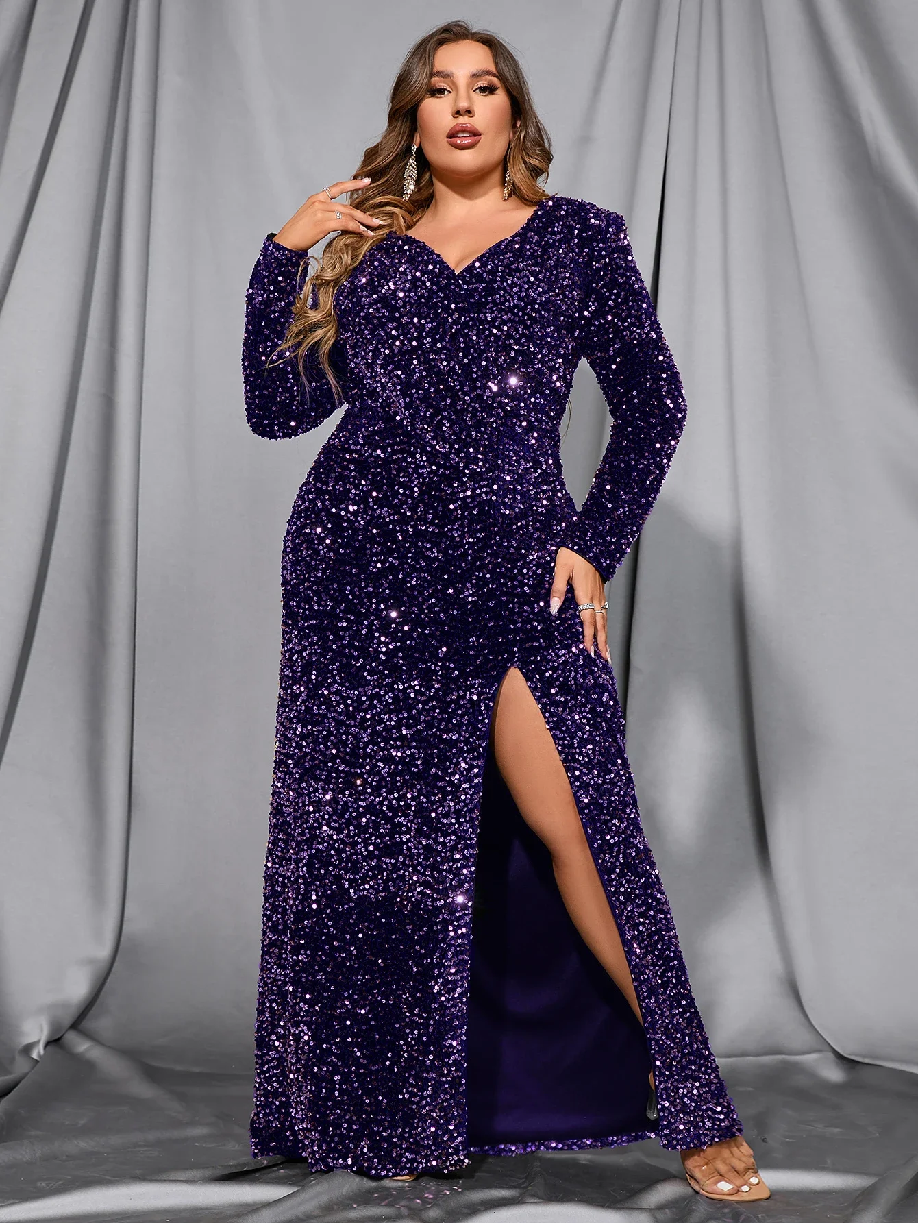 Vestido de fiesta y vestido de fiesta clásico con lentejuelas y cuello en V de manga larga de talla grande