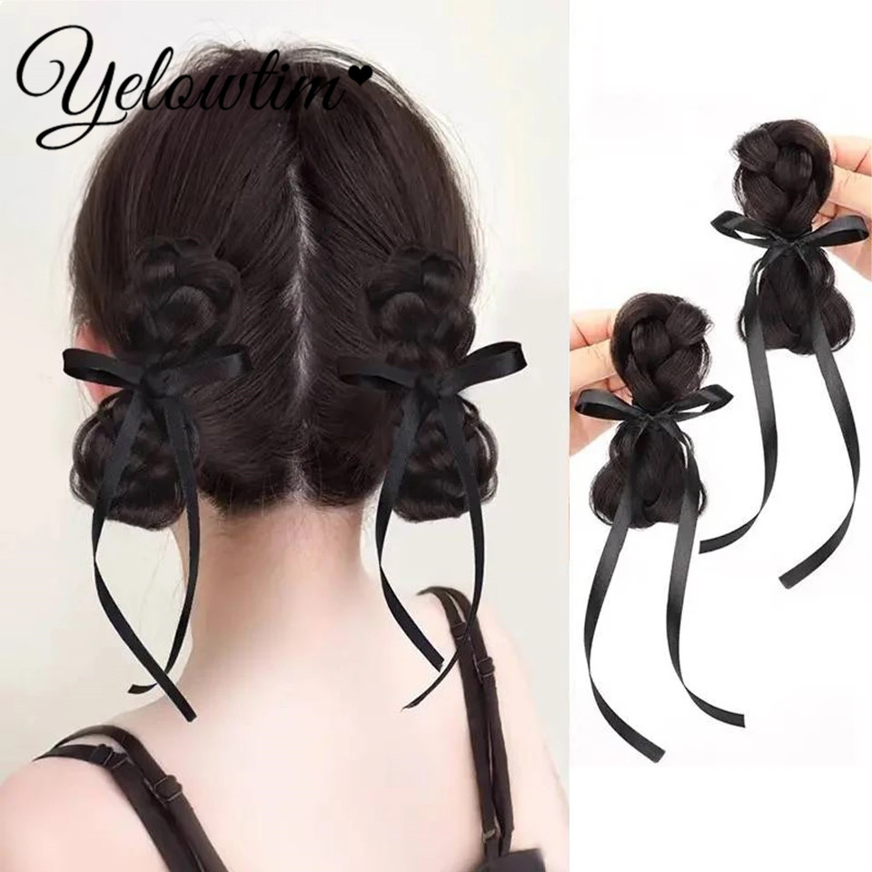 YELOWTIM Girls Braid Scrunchie Chignon With Rubber Band Brown Black Synthetic Hair Ring Wrap On Messy Bun Ponytails Straight Hai