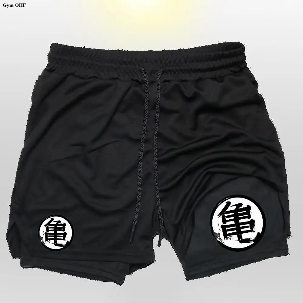 Goku anime correndo shorts dos homens de fitness ginásio treinamento 2 em 1 calções esportivos secagem rápida treino jogging duplo deck shorts