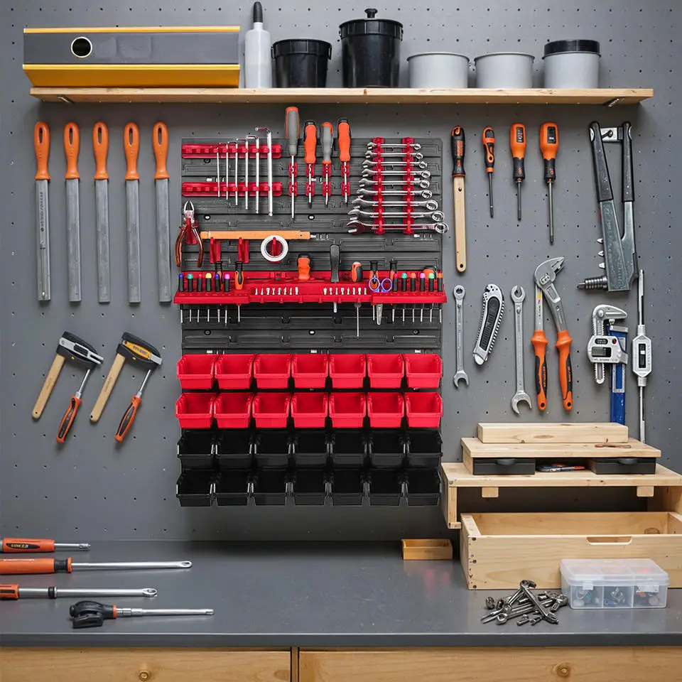 AIRAJ 49-teiliges Set zur Wandmontage, Aufbewahrungsbehälter, Teile-Rack-Organizer für Garage mit Haken, Werkzeugaufbewahrung für Schraubendreher-Wandpaneele