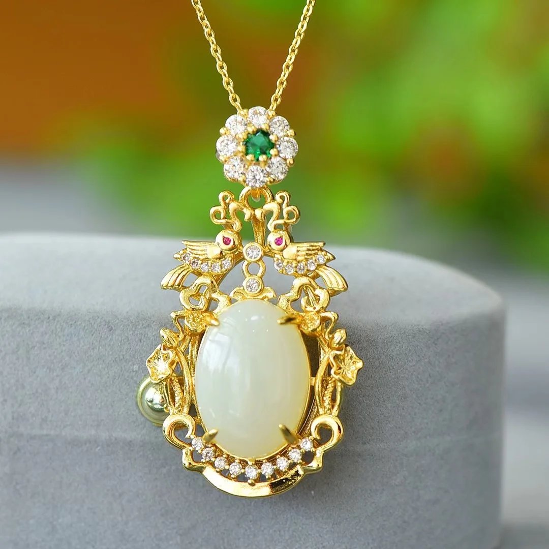 Colar de pingente de jade branco hetian natural para mulheres pingentes ocos, encantos finos, corrente de clavícula elegante