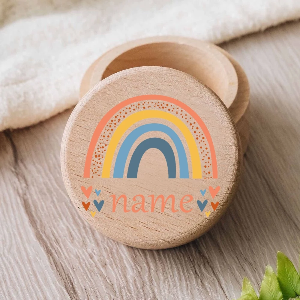 Personalised Rainbow with Name Engraved Baby Tooth Box Keepsake Teeth Umbilical Curl Hair Wooded Collect Case Infant Shower Gift