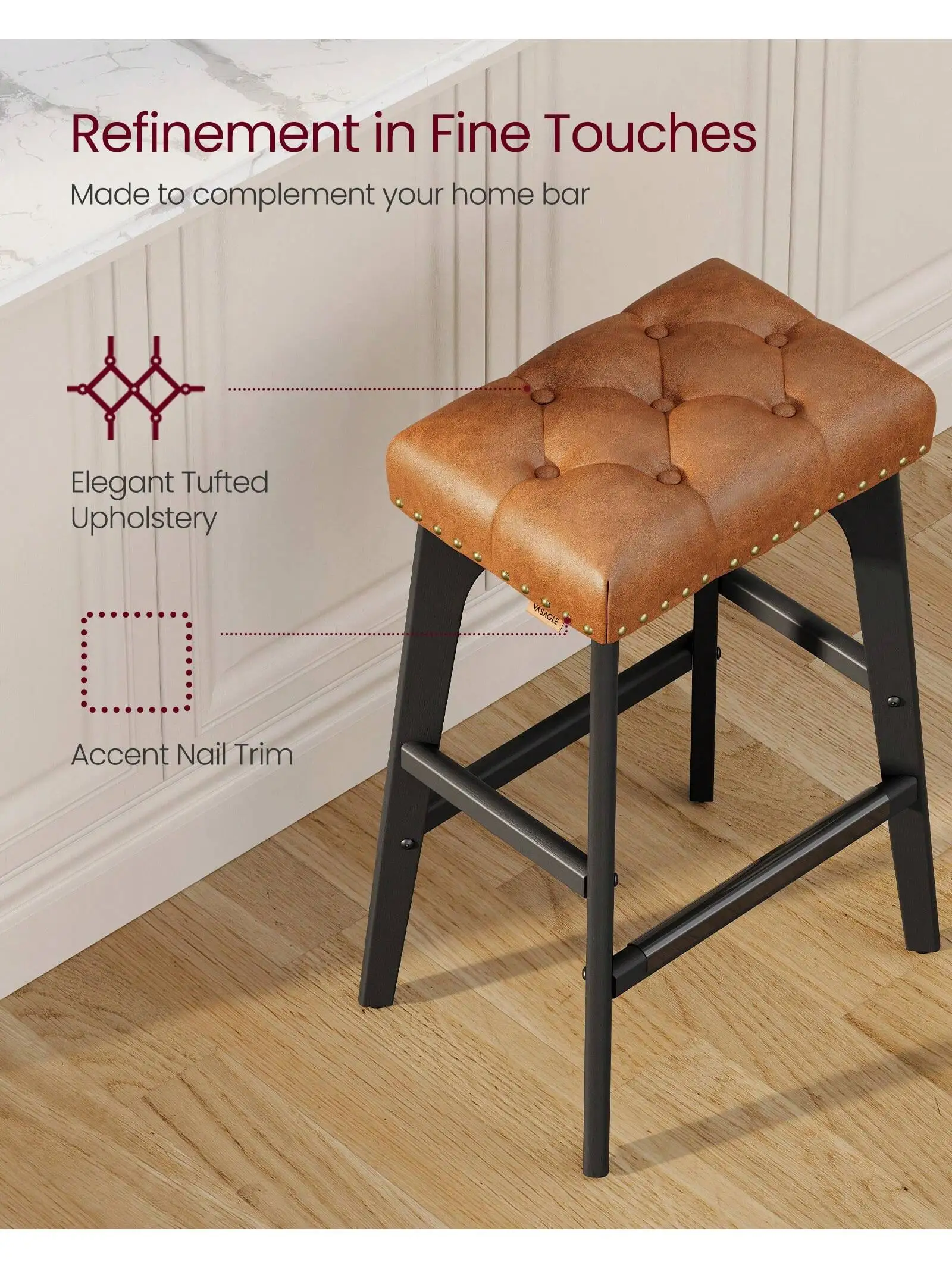VASAGLE Bar Stools Set Of 2, Counter Height Saddle Bar Stools, 26-Inch Backless Kitchen Stools With Wood Legs, PU Leather Thi
